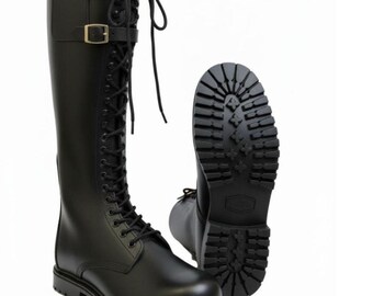 Handmade Black Leather Army Boots, Military Officer Riding Boots, Double Buckle Long Boots, Lace Up Combat Boots, Men Tactical Boots