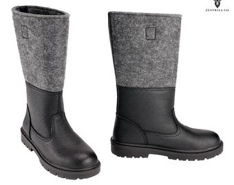Handmade Leather Wool Winter Boots, Vintage Officer Marching Boots, Tall Military Cold Weather Boots
