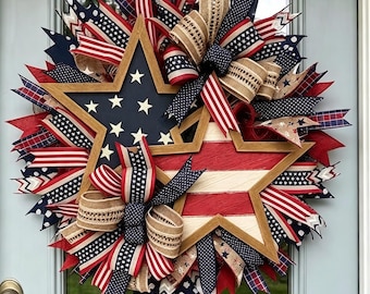 Patriotic Star Wooden Wreath, 4th of July Door Decor, Red White Blue Burlap Ribbon Wreath, American Flag Front Door Decor, Double Layer Wood