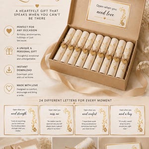 May include: A set of 24 rolled letters in a rectangular cardboard box. Each letter is tied with twine and a small gold heart charm. The box lid features the text Open when you need love. Additional cards display phrases like need strength, miss me, need comfort, and need a hug.