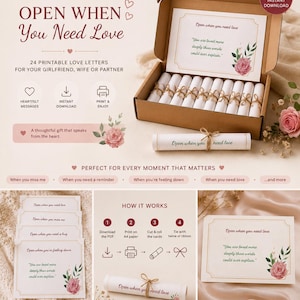 May include: A set of 24 printable love letters titled Open When You Need Love, featuring a brown cardboard box filled with rolled paper scrolls tied with twine, floral illustrations, and instructional text on how to download, print, and assemble.