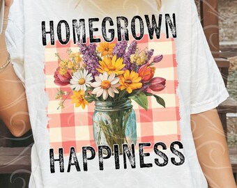 Homegrown Happiness PNG, Floral Mason Jar Farmhouse Design, Cottagecore Garden Design