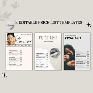 Könnte beinhalten: Drei bearbeitbare Preislistenvorlagen für Schönheitsdienstleistungen. Jede Vorlage enthält den Text "PRICE LIST" und "BEAUTY GLAMOUR" mit Spalten für Dienstleistungen wie Eyelash Extensions, Lash Lift und Brow Lamination inklusive der jeweiligen Preise.