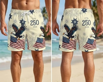 USA 250th Anniversary Bald Eagle Men's Beach Shorts - Summer 1776-2026 Patriotic Quick Dry Trunks with Lining, Gift for Dad Him