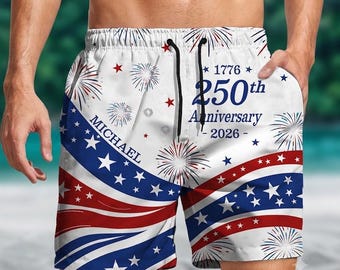 Custom USA 250th Anniversary Swim Shorts | Personalized American Flag Swim Trunks, Patriotic Beachwear for Men , Gift For Him