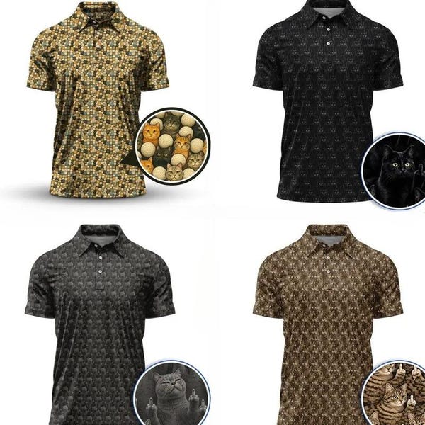 Funny Cat Pattern Golf Shirt | Cat Lover Golf Polo for Men | Performance Golf Shirt | Pet Lover Gift for Him