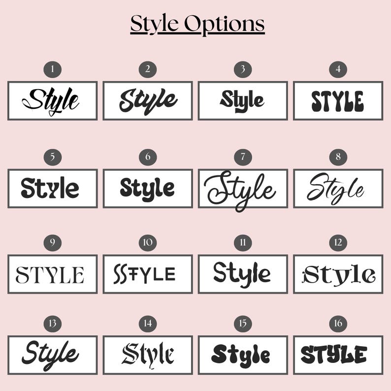 Może przedstawiać: Tabela zatytułowana Style Options przedstawiająca szesnaście r&oacute;żnych czarnych styl&oacute;w czcionek ponumerowanych od jednego do szesnastu. Każde pole zawiera słowo Style w unikalnym kroju pisma, od kursywy po pogrubione litery i ozdobne wzory.