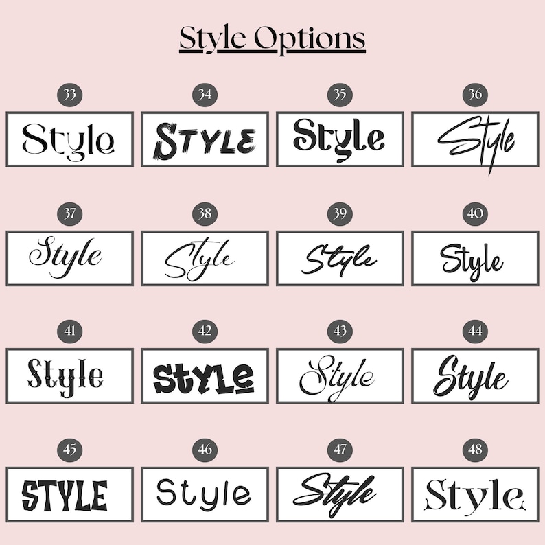 Może przedstawiać: Tabela zatytułowana Style Options zawierająca szesnaście r&oacute;żnych czarnych styl&oacute;w czcionek oznaczonych numerami od 33 do 48. Każdy styl przedstawia słowo Style w unikalnej czcionce, ułożone w siatce na jasnor&oacute;żowym tle.