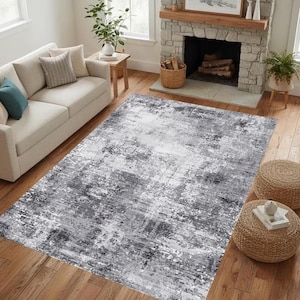 Modern grijs abstract vloerkleed, versleten woonkamertapijt, wasbare antislipmat