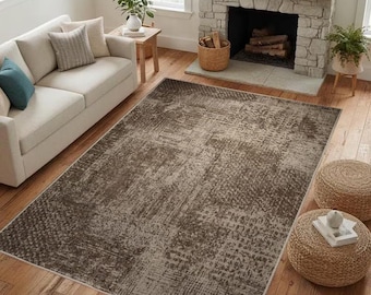 Modern Abstract Area Rug, Brown Textured Living Room Carpet, Washable Non-Slip Mat