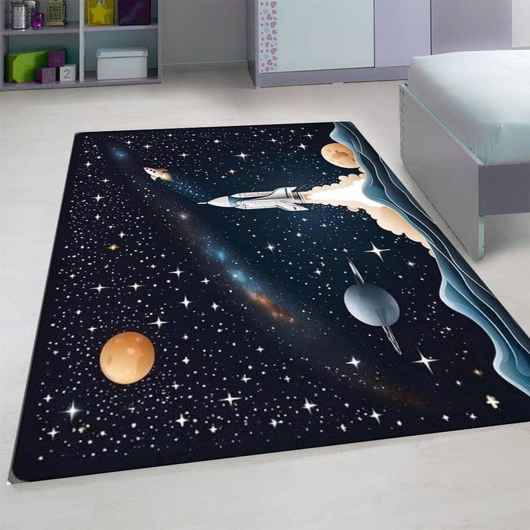 Outer Space Rocket Galaxy Play Carpet, Washable Kids Nursery Area Rug ...