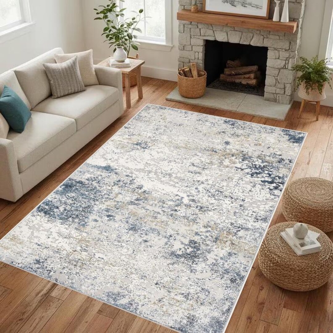 Abstract Blue Gold Area Rug, Modern Gray Marble Carpet, Washable Non ...