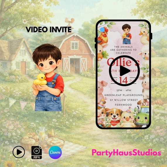 Boys Barnyard Bash Animated Evite • Farm Birthday Invitation • Editable Canva Video Invite • Kids Farm Party Digital Download