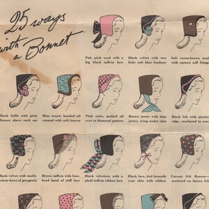 Puede incluir: Una ilustración de 25 formas diferentes de llevar un gorro. La ilustración muestra varios estilos y colores de gorros, incluyendo terciopelo, encaje, fieltro y tweed. El texto "25 ways with a Bonnet" está en la parte superior de la ilustración.