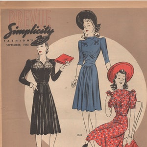 May include: A vintage advertisement for Simplicity sewing patterns featuring three women wearing different dresses. The ad includes the text "PREVUE Simplicity FASHIONS SEPTEMBER, 1940" and "FREE FASHION FORECAST Compliments of S.S. KRESGE CO."