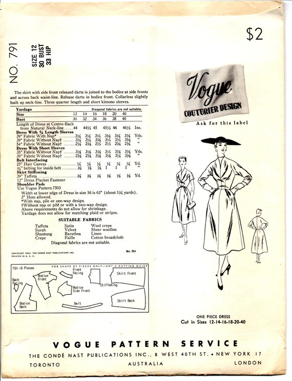 1950 S Vogue Couturier Design One Piece Dress With Etsy