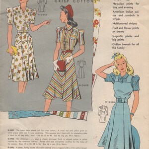 May include: Three vintage sewing patterns for dresses made of crisp cotton. The patterns feature a floral print dress, a striped dress, and a blue dress with a white collar. The text on the page reads "Crisp Cottons" and lists different types of cotton fabrics.