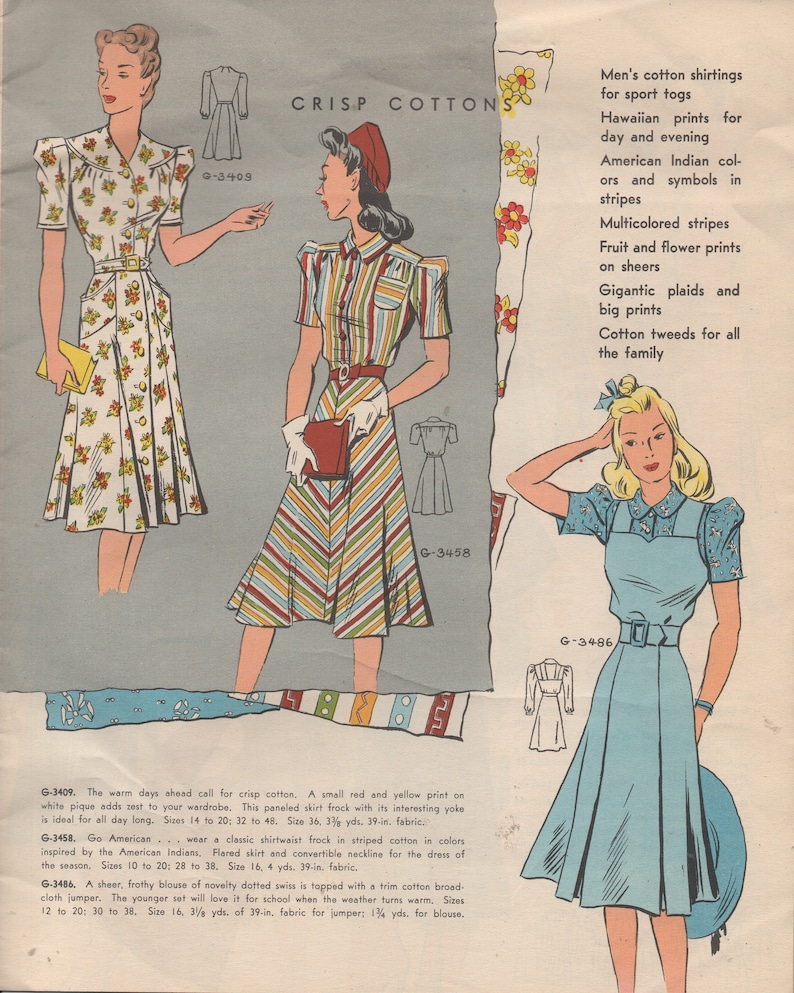 May include: Three vintage sewing patterns for dresses made of crisp cotton. The patterns feature a floral print dress, a striped dress, and a blue dress with a white collar. The text on the page reads "Crisp Cottons" and lists different types of cotton fabrics.