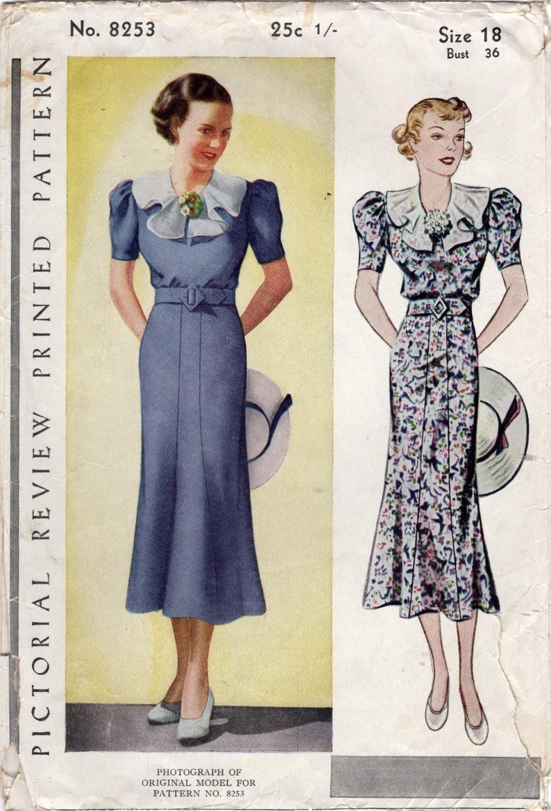 1930's New York One Piece Dress Pattern with Large Sailor Collar - Bust 32