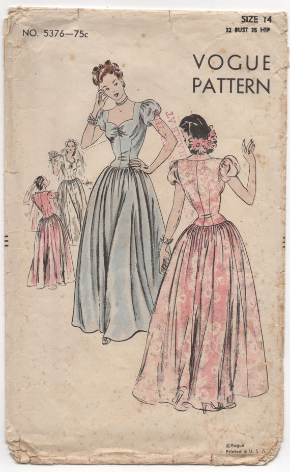 1940's Vogue Junior Evening Gown Pattern with Gathered Bodice or Large Collar - Bust 33