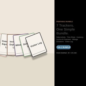Mehrzweck-Logbuch-Set zum Ausdrucken: 7 Tracker für tägliche Aktivitäten, Zeiterfassung, Inventar, Einnahmen, Ausgaben, Kilometerstand, Spenden und Besucher (PDF)