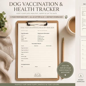 Op de afbeelding: Een afdrukbare honden vaccinatie- en gezondheidstracker van twee pagina's. De eerste pagina bevat secties voor honden- en dierenartsinformatie en een vaccinatieregister. De tekst luidt: "Houd uw hond gezond, gelukkig en up-to-date."