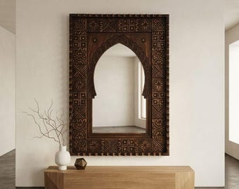 Specchio in legno vintage - Specchio marocchino intagliato - Specchio decorativo in legno - Parete in stile fattoria.