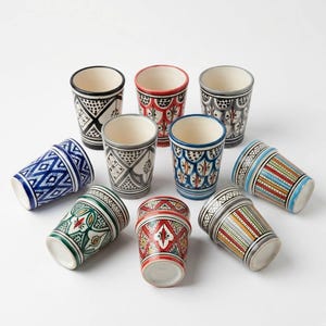 May include: A set of ceramic drinking glasses with various geometric patterns in colours like black, red, and blue. The glasses are decorated with intricate designs and are displayed on a white surface.