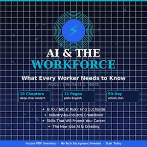 May include: A digital graphic with the title "AI & THE WORKFORCE" and the subtitle "What Every Worker Needs to Know." The image includes bullet points about job risk, industry breakdown, and career protection. It also mentions a 90-day action plan.