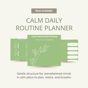 Peut inclure: Un planificateur vert clair avec le texte "CALM DAILY ROUTINE PLANNER" et "Now Available". Le planificateur a un design minimaliste avec une illustration de feuille et les mots "Calm Daily Routine Planner".