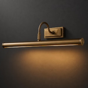 Può includere: Una lampada da parete per quadri con finitura in ottone spazzolato, dotata di una piastra rettangolare, un braccio curvo e una lunga testa cilindrica che emette una luce calda rivolta verso il basso per illuminare opere d'arte.