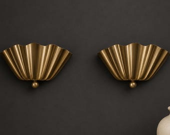 Mid Century Modern Brass Wall Sconce Set ~ Ruffle Shade Wall Light Fixture, Vintage Art Deco Brass Lamp for Bedroom, Hallway & Living Room