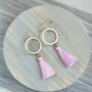 Gold Hoop Tassel Earrings, Pink Tassel Earrings, Dangle Earrings, 14k Gold Filled