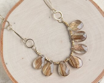 Collar de cuarzo arena dorado en forma de lágrima, cadena chapada en oro con cuentas