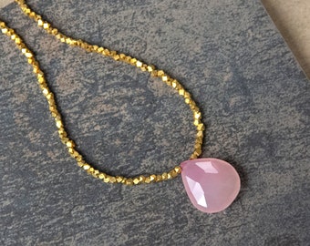 Pink Gemstone Necklace, Chalcedony Pendant Necklace, Gold Beaded Necklace