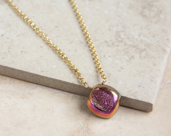Pink Druzy Necklace - Metallic, Fuschia, Gold Chain, Statement, Drusy Druzy Jewelry