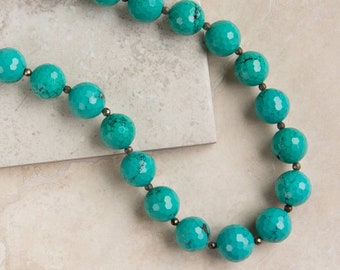 Turquoise Magnesite & Pyrite Beaded Necklace, Silver Plated Hook Clasp