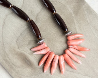 Coral Necklace, Porcelain Beaded Necklace, Peach Coral Statement Necklace