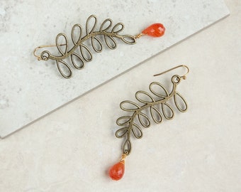 Brass & Carnelian Earrings, Branch Earrings, Orange Gemstone Earrings, Semi Precious Gemstone, Long Earrings