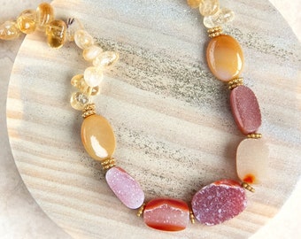 Carnelian Druzy Necklace with Citrine, Gold Gemstone Necklace, Sunset Colors