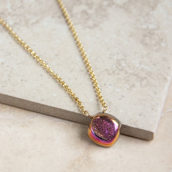 Pink Druzy Necklace - Metallic, Fuschia, Gold Chain, Statement, Drusy Druzy Jewelry