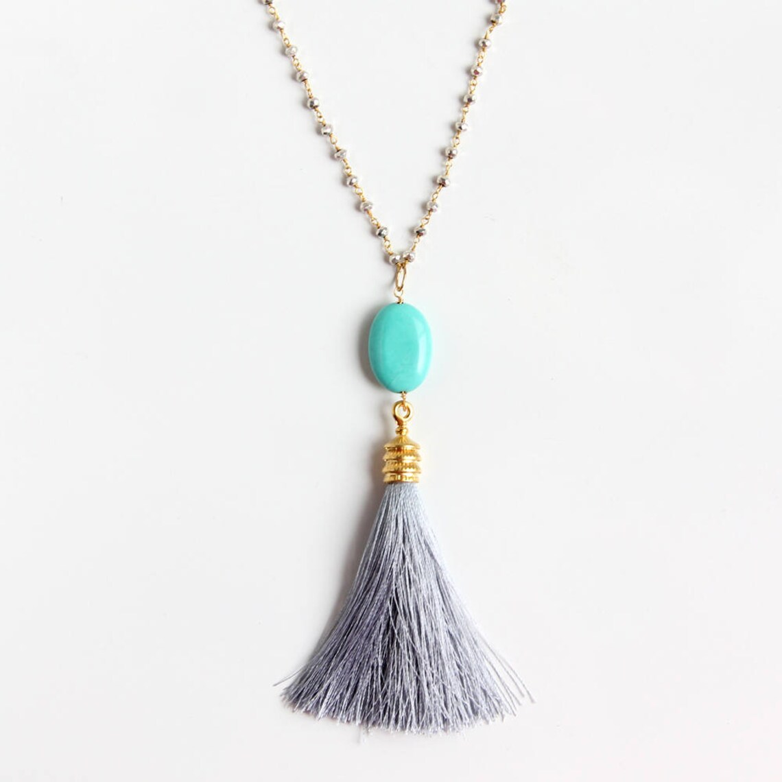 Turquoise and Silver Tassel Necklace Long Pendant Necklace Etsy