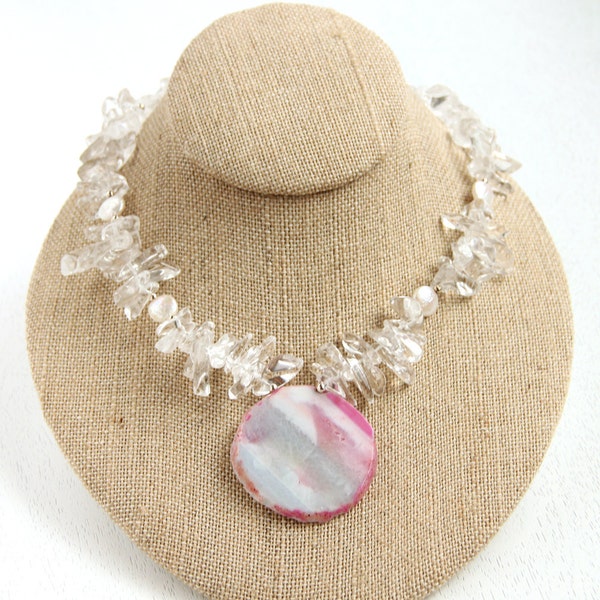 Pink Agate Necklace - Rock Crystal, Coin Pearls, Silver, Gray, White, Fucshia