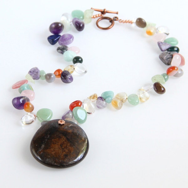 Rainbow Agate Necklace with Bronzite Pendant - Multicolor, Gemstones, Large Focal