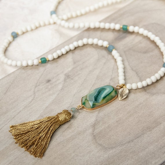 Green Druzy Pendant Necklace Tassel Necklace Wood Bead | Etsy