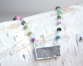 Druzy Pendant Necklace, Sterling Silver, Tourmaline Rosary Chain