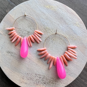 Pink Coral Hoop Earrings, Boho Hoops