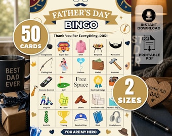 Vatertags-Bingo zum ausdrucken, 50 Vatertags-Bingokarten, Vatertagsaktivität für Kinder, Kindervatertags-Partyspiel, Klassenzimmerspiel