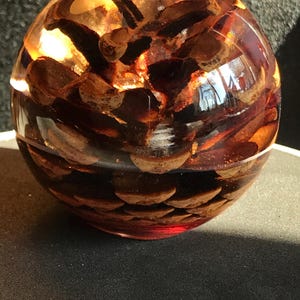 May include: A clear, spherical paperweight filled with brown, organic shapes suspended in resin. The paperweight has a reddish-brown base and reflects light, creating a warm, amber glow. The interior features a variety of textures and shapes.