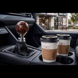 May include: A spherical gear shift knob featuring a clear resin casing filled with roasted coffee beans, mounted on a silver metal base with a black leather boot. Two white paper coffee cups with brown cardboard sleeves sit in the cup holder.